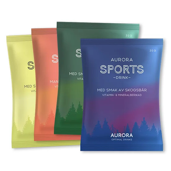 Sportdrycken Aurora Sports Drink Mix i fyra olika smaker