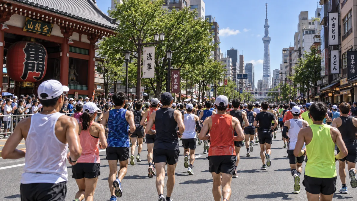 Maratonlöpare i tätt fält sedda bakifrån på en gata i Tokyo i stark sol