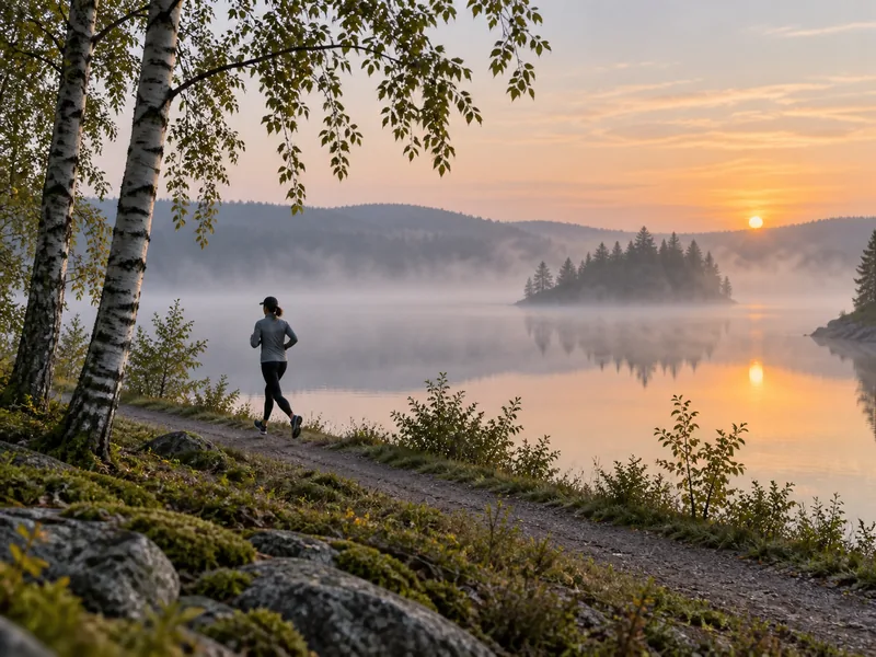 Löpare som joggar lugnt längs en sjö i gryningen