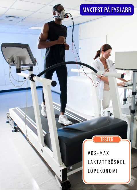 En manlig löpare gör konditionstest på fyslabb, kvinnan som är testledare tittar på dataskärmen