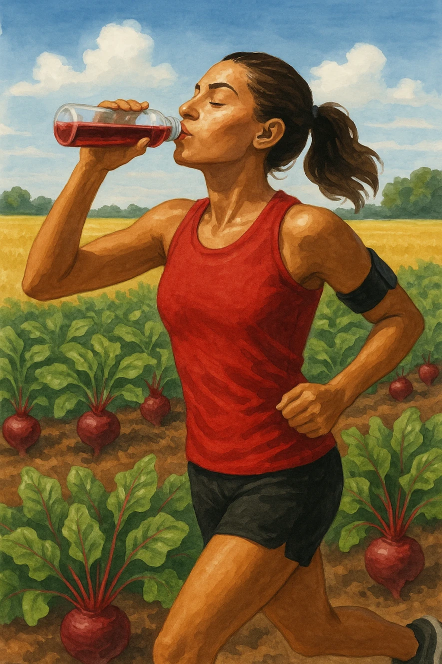 Illustration av löpare som dricker rödbetsjuice vid en rödbetsåker