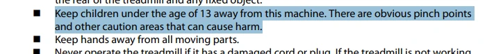 Utdrag från manualen till Sole F63 löpband visar att barn under 13 år inte ska använda bandet