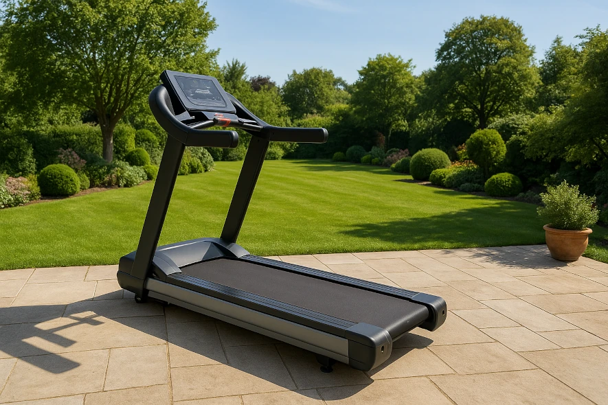 Ett löpband placerat utomhus för att springa i trädgården