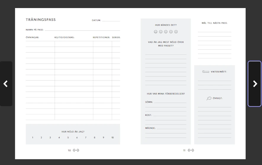 Ett uppslag ur Min Träningsdagbok av Bianca Salming