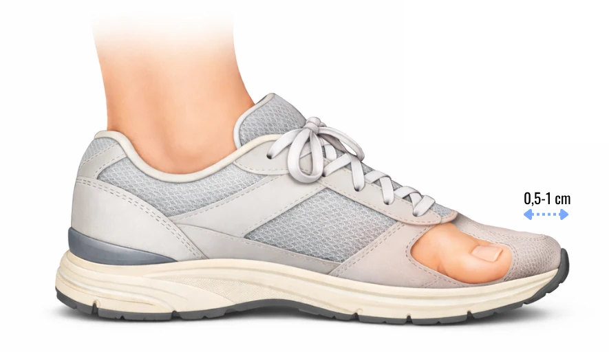 bilden visar en löparsko där man ser stortån ha 1 cm avstånd till främre delen av tåboxen