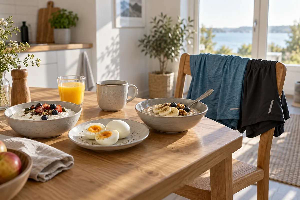 Frukostbord med kvarg, ägg och havregrynsgröt, med löparkläder hängande över en stolsrygg