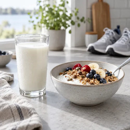 Ett glas mjölk och en skål fil med müsli efter löppasset