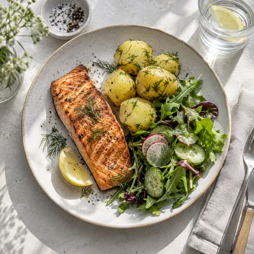 Lunchtallrik med lax, potatis och sallad