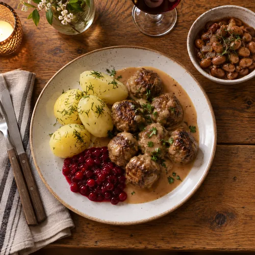 Middagstallrik med husmanskost och en skål baljväxter
