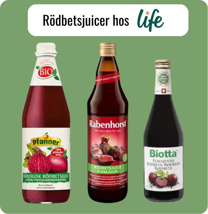 tre rödbetsjuicer vi hittade hos butiken Life den 21 maj 2025