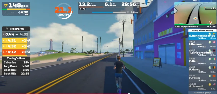 Jag springer i virtuell värld i spelet Zwift